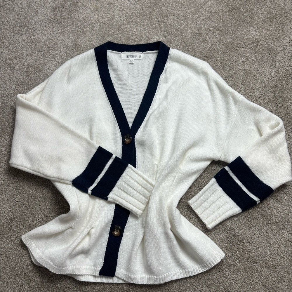 Women's White and Black Cardigan Sweater